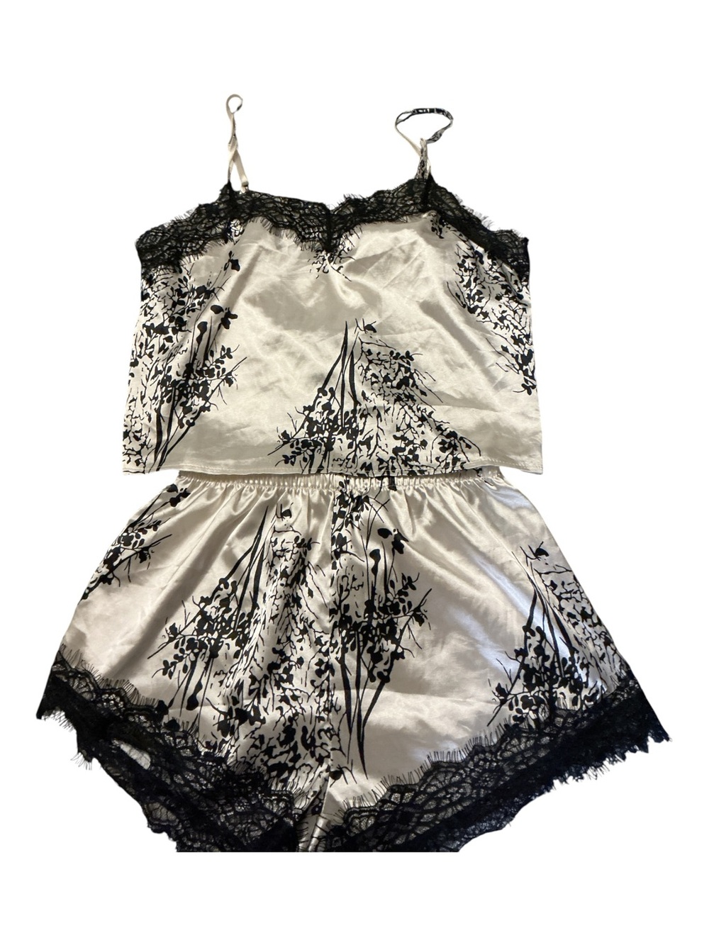 Silky Black & Ivory Lace Trim Women's Sleep Short Set